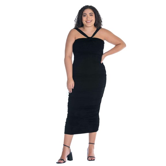 Plus Size V Neck Strap Ruched Bodycon Midi Dress