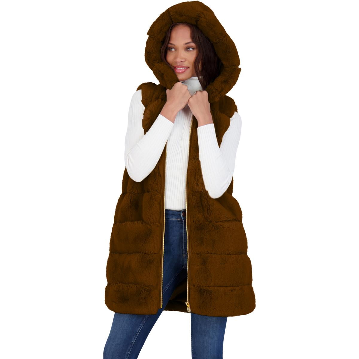 Via Spiga Women s Grooved Faux Fur Hooded Vest Walmart