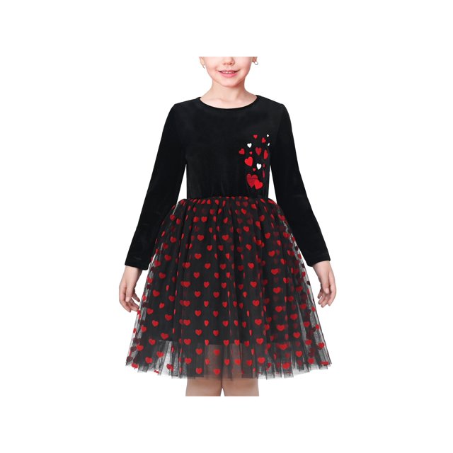 Robe Fille Noire Cœur Tulle Fête Velours Saint-Valentin 12 Ans
