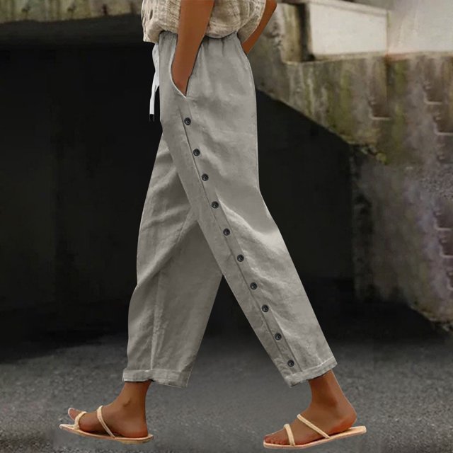 Lroveb Womens Linen Pants High Waisted Summer Beach Lounge Pants Solid Color Elastic Waist Trousers With Pockets Side Buttons Loose Gray