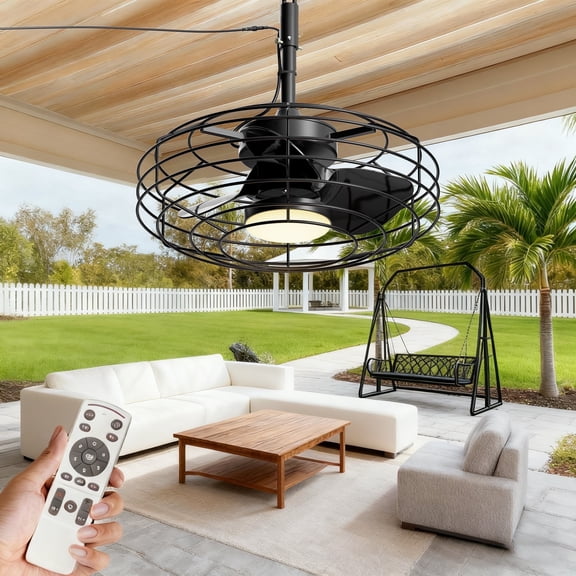 Ohniyou 20'' Outdoor Ceiling Fans with Light and Remote for Patios Wet Rated Dimmable Farmhouse Caged Ceiling Fan with Plug in Cord for Pergola Gazebo, Black