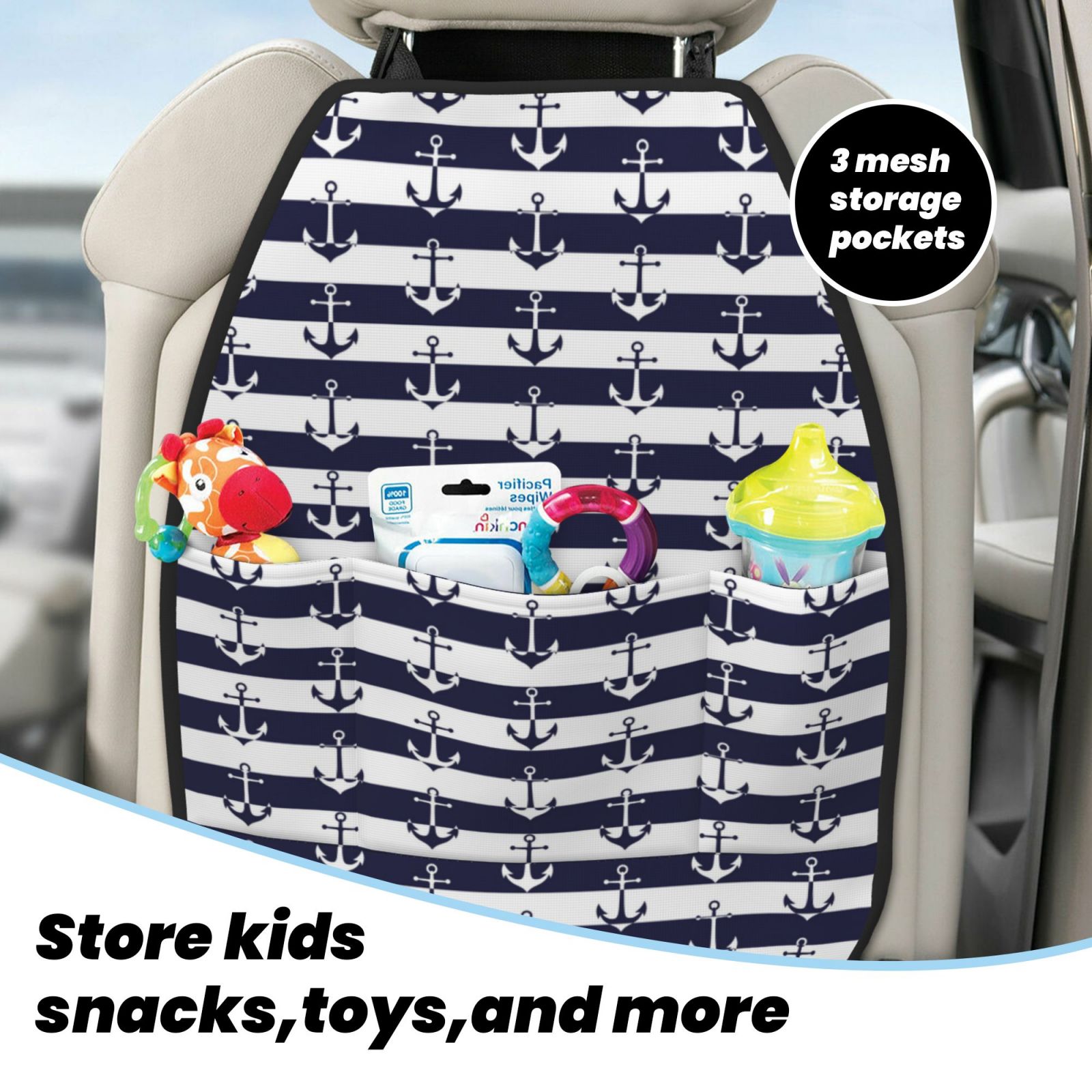 Xecao Anchors Pattern Car Seat Back Protector 2 Pack Large Capacity Pocket, Kick Mats Back Seat Protector