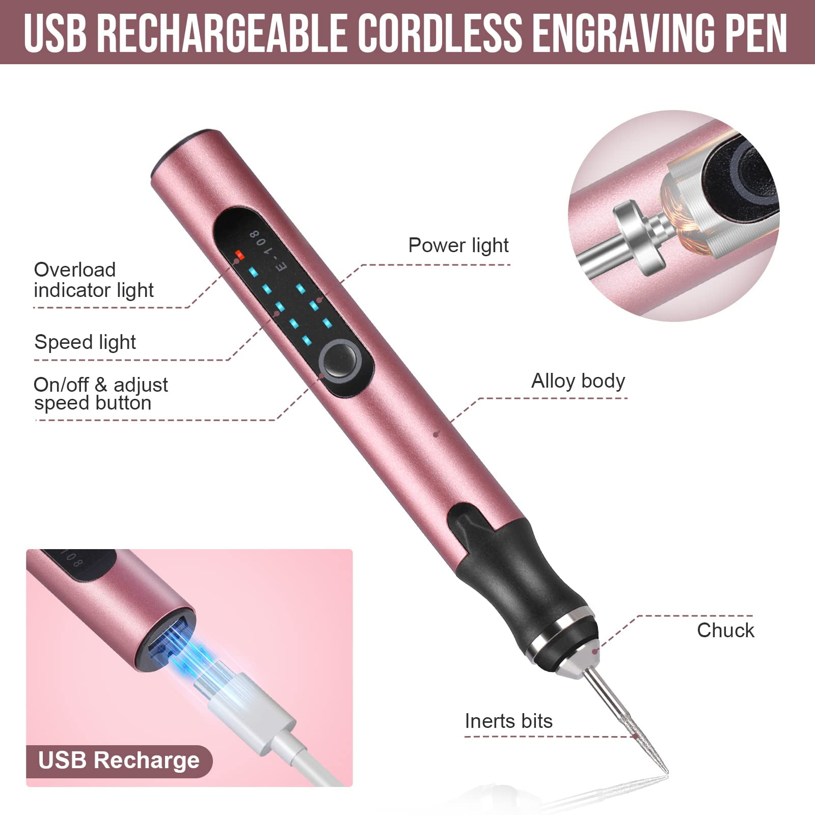 Electric Engraving Pen with 37 Bits, USB Rechargeable Cordless Engraving Machine, Portable DIY Rotary Engraver for Jewelry Wood Glass Stone Carving (Rose red)