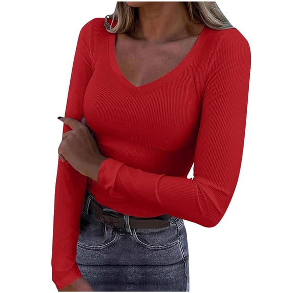 JIUKE Women Long Sleeve Shirts V Neck Ribbed Knit Fitted Shirts Basic Tees Tops Summer Casual Going out Tops