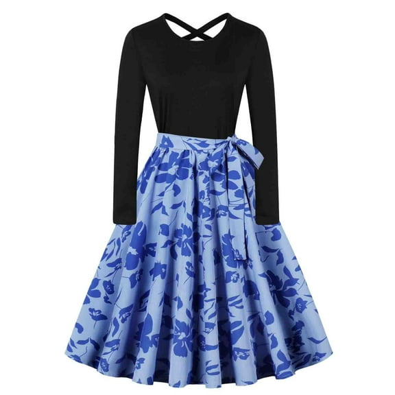 WXLWZYWL 1950s Vintage Christmas Dress for Women Christmas Trees Print Patchwork Plus Size Long Sleeve Prom Dress with Belt