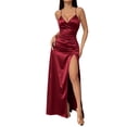 thumbnail image 2 of Women's Elegant Satin Maxi Dress Spaghetti Strap V Neck High Side Split Wrap Formal Long Dress Wedding Guest Cocktail Party Evening Club Night Out Flattering Gown, 2 of 8