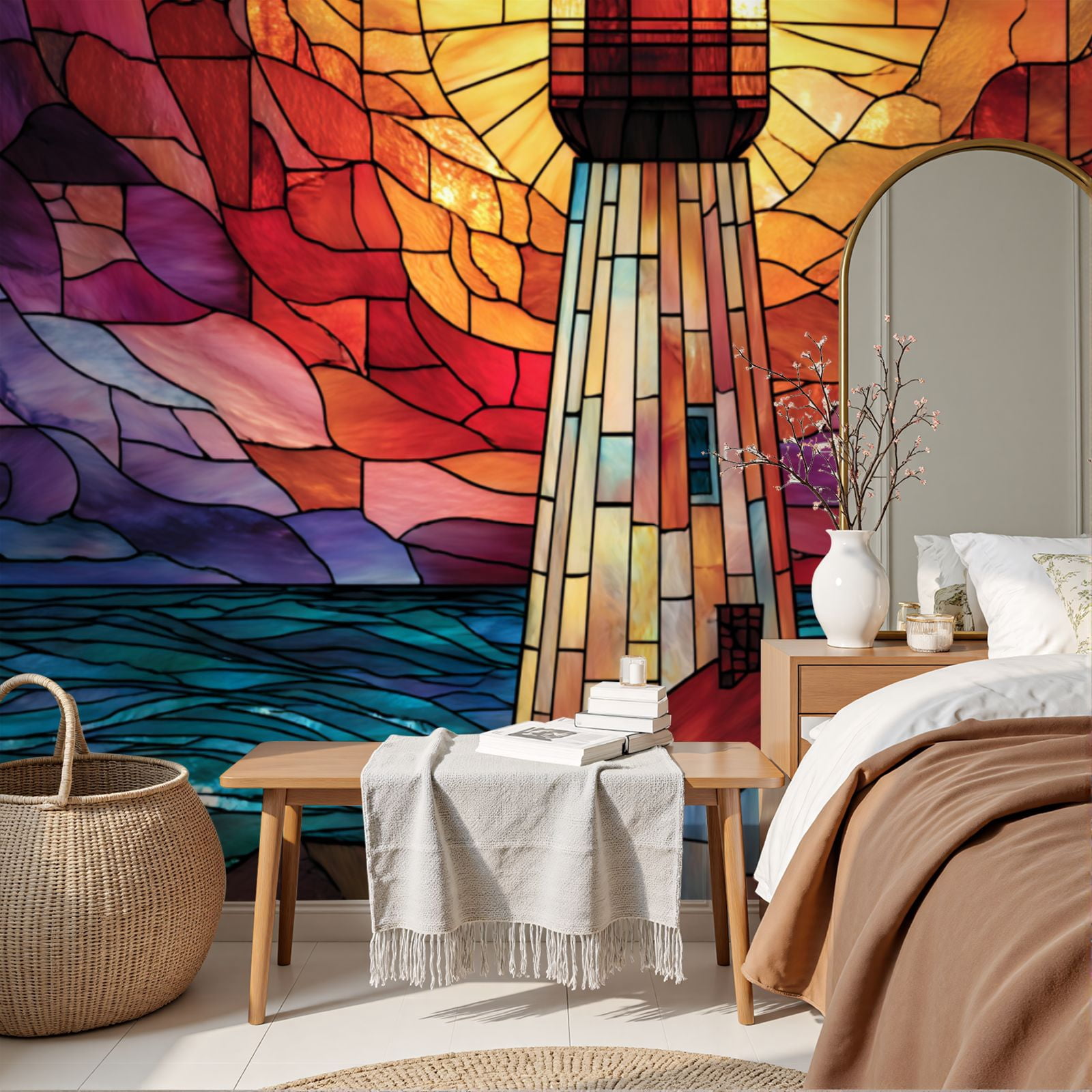Wallpaper Lighthouse Themed Stained Glass Window Panel Peel and Stick Wall Murals 69"H x 96"W Removable PVC Wall Paper Self-Adhesive Wall Paintings Art Decor for Bedroom Living Room
