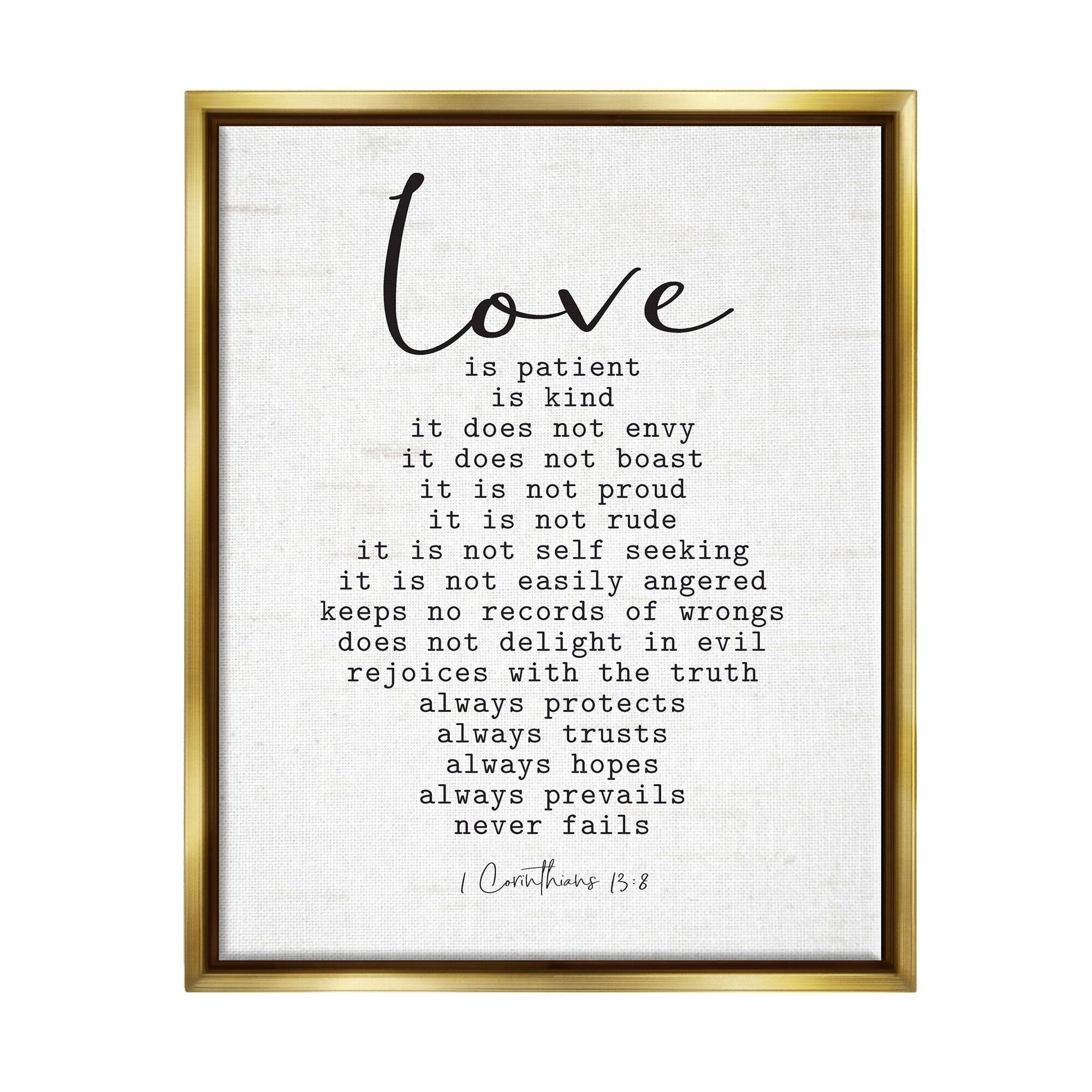Stupell Industries Love Is... Spiritual Scripture Inspirational Religious Sentiment Graphic Art Metallic Gold Floating Framed Canvas Print Wall Art, Design by Lettered and Lined