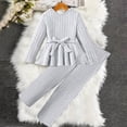 thumbnail image 4 of CPNG Girls Clothes Rib-Knit Outfit Ruffle Sleeve Shirt with Belt 3Pcs Straight Wide Leg Pant Set Teen Girls Fashionable Casual Dress Set(Grey,8-9 Years), 4 of 5