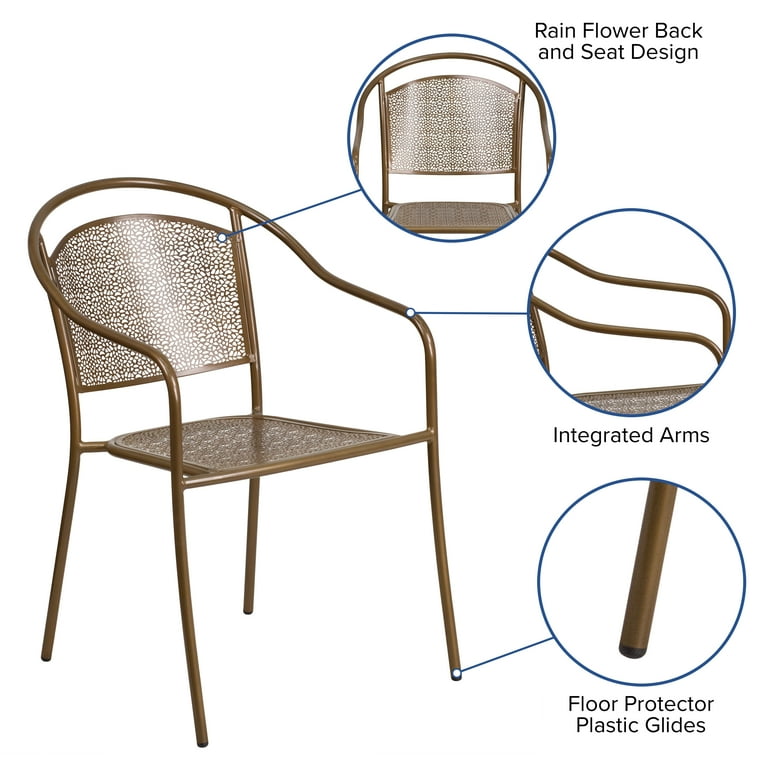 Flash Furniture Commercial Grade Gold Indoor Outdoor Steel Patio Arm Chair with Round Back