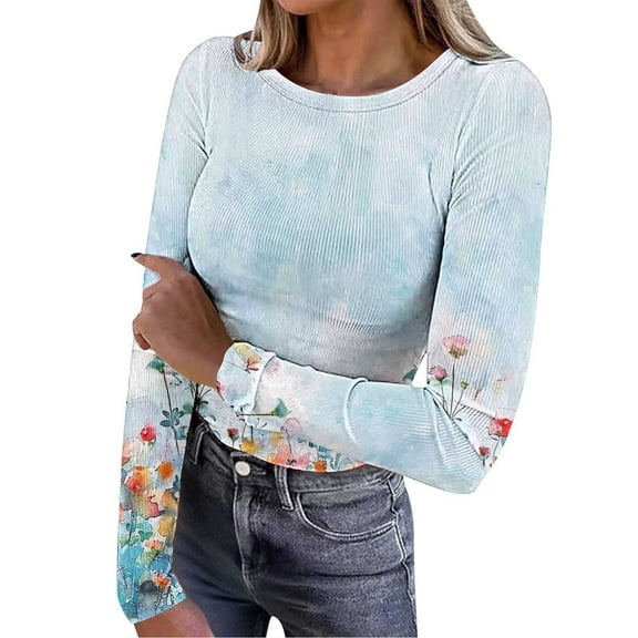 Women's Floral Printed Knit Shirt Casual Long Sleeve Round Neck Stretch Slim Fit Shirt Top