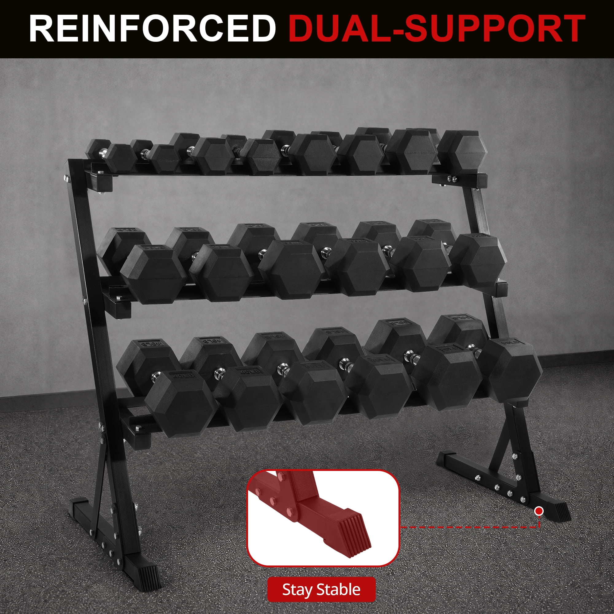 Sprint Demon 550 LB Rubber Hex Dumbbell Set with 3-Tier Storage Rack, 5-50 LB Free Weights Set for Home Gym Strength Training