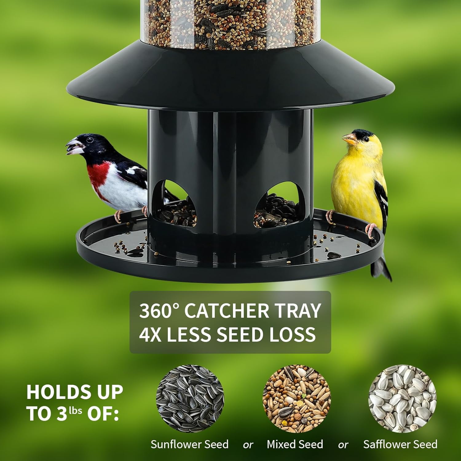 Squirrel Proof Bird Feeder for Outdoors, 360° Feeding Perch Tray with Rainproof Roof, Heavy Duty Wild Bird Seed Feeder for Hanging, Dark Green