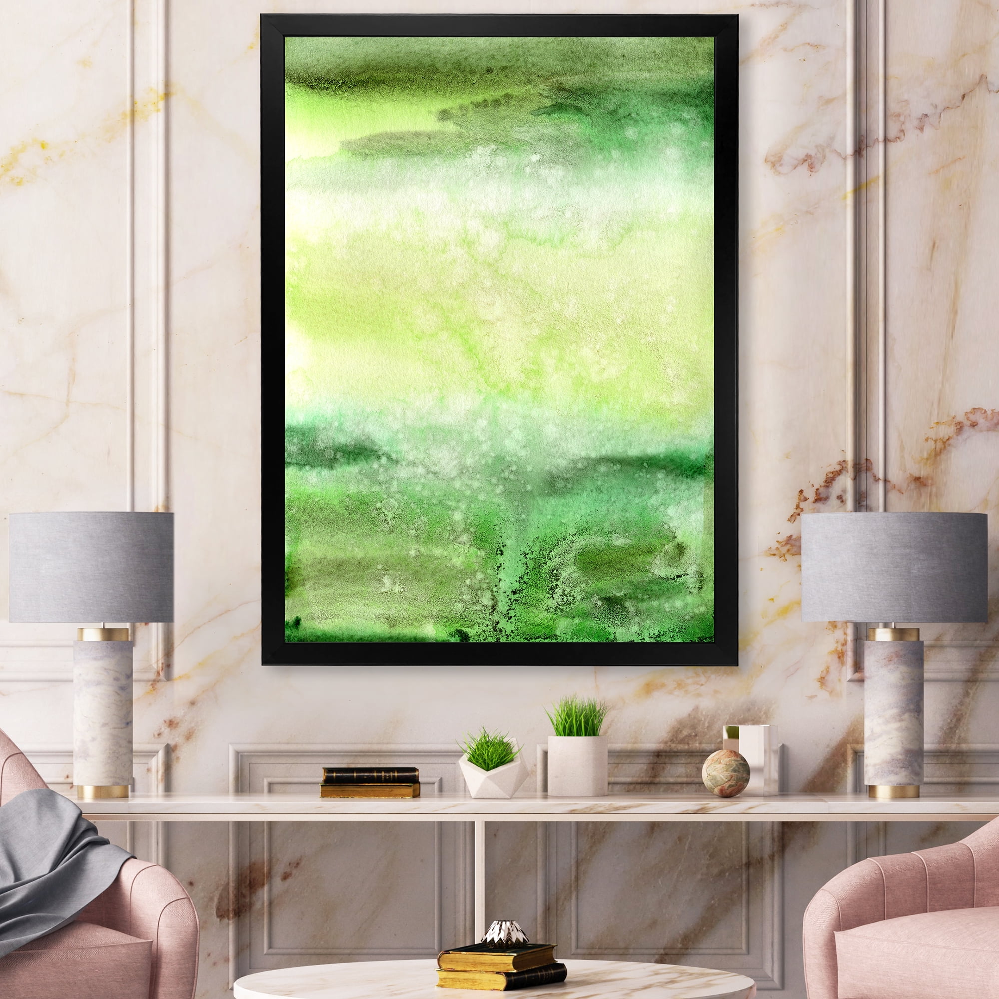 Designart 'Pastel Abstract With Beige and Dark Green & Spots' Modern Framed Art Print