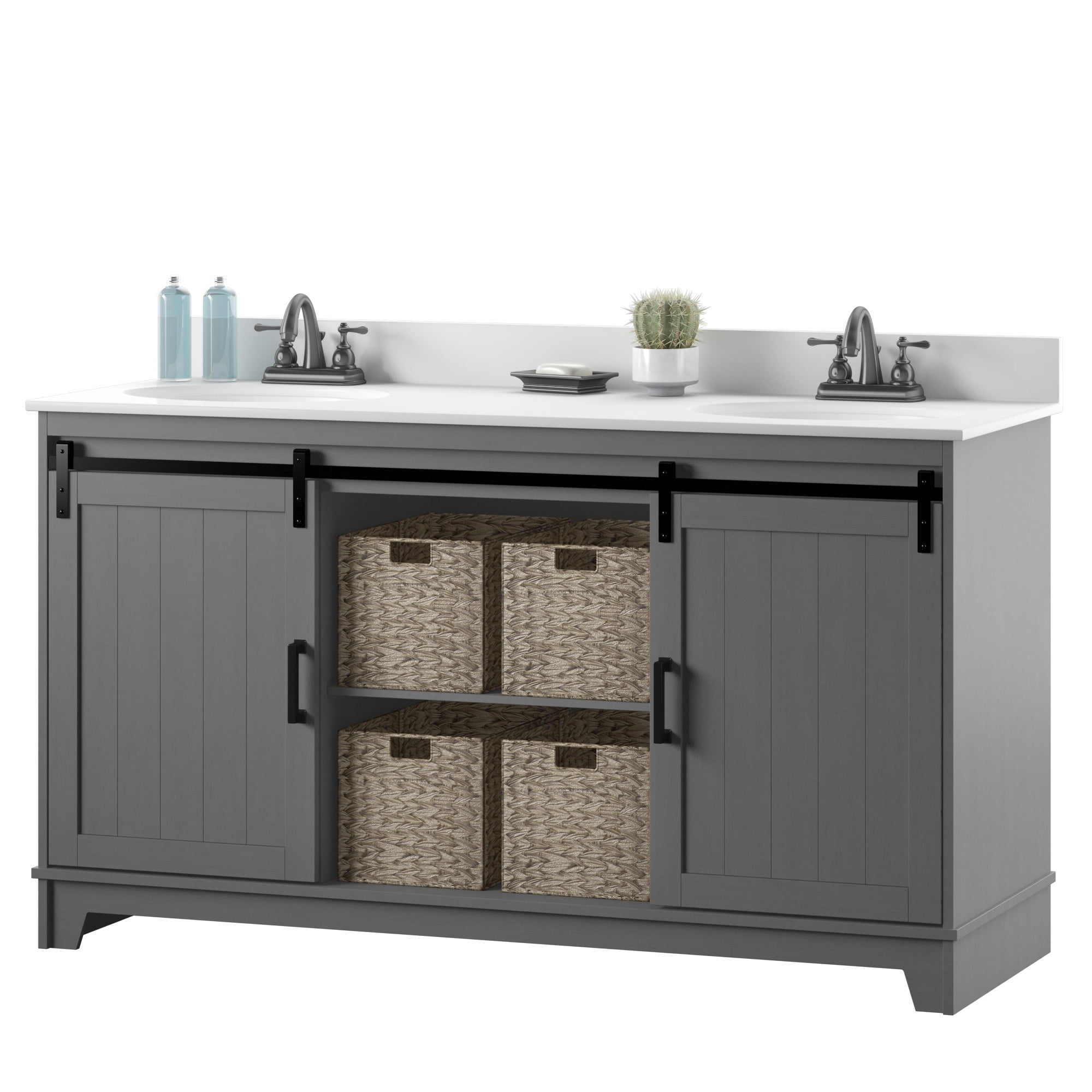 Twin Star Home 60" Sliding Barn Door Double Sink Bathroom Vanity with 4 Woven Baskets