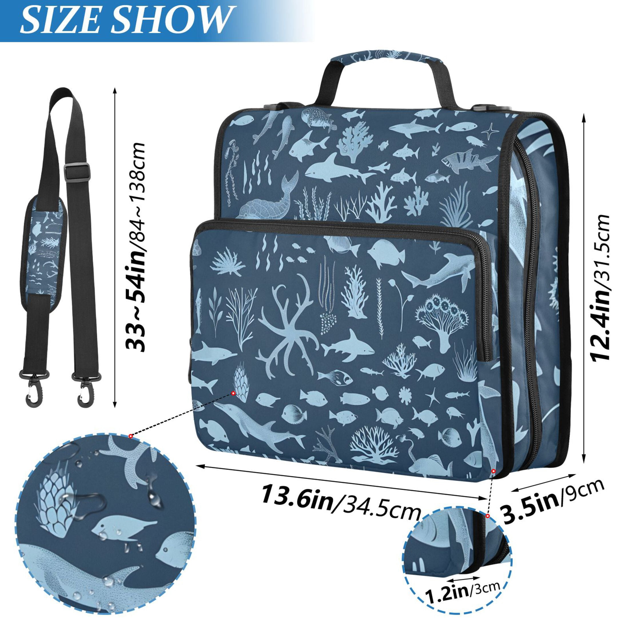 3 Ring Zipper Binder with Shoulder Strap Waterproof Trapper Keeper 2 Inch D-Ring 500 Sheets Capacity Marine Life Silhouettes
