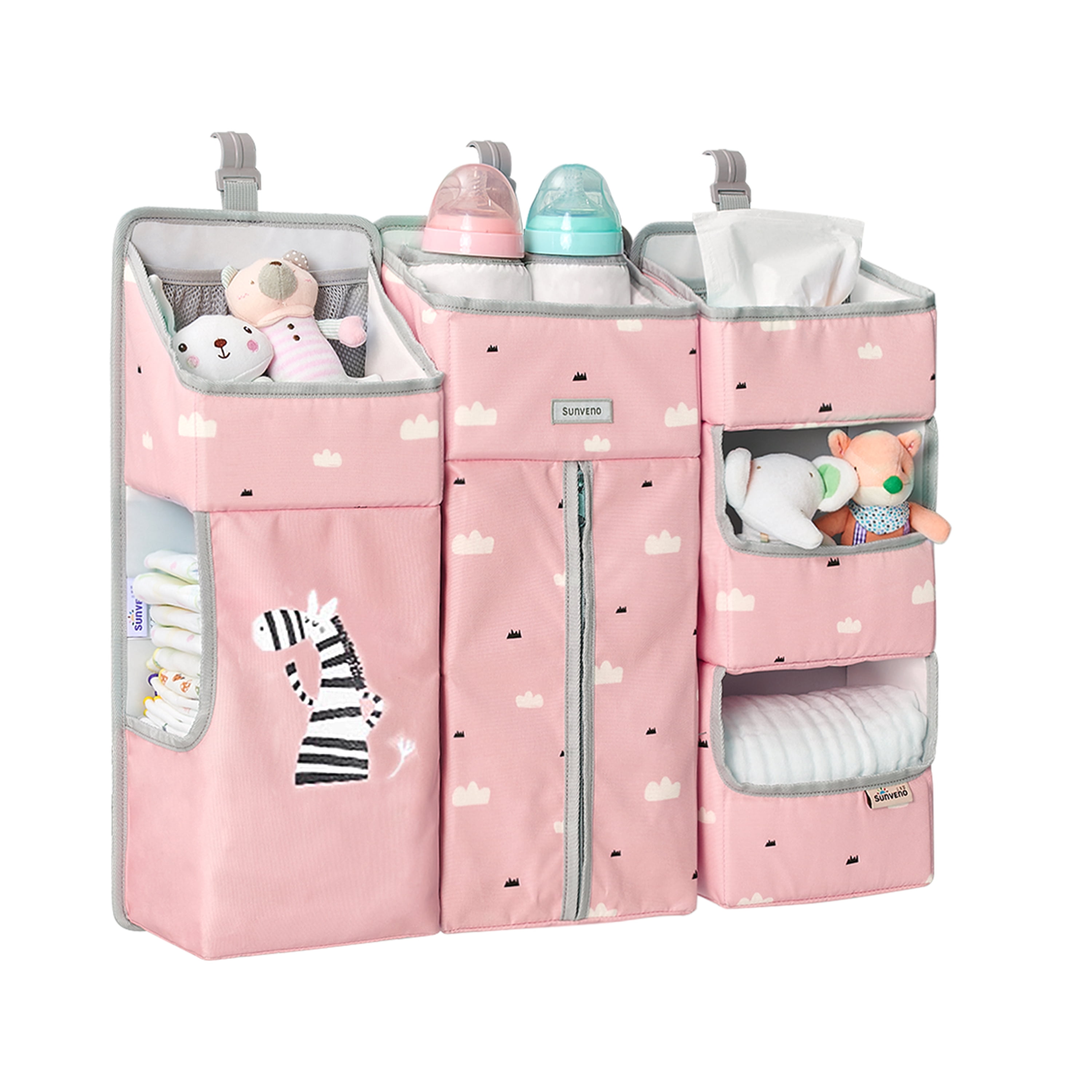 Sunveno 3-in-1 Fabric Crib Nursing Organizer for Baby Essentials, Pink Nursing Set