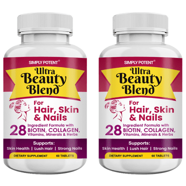 Simply Potent Hair, Skin & Nails Ultra Beauty Blend – 28 Ingredient Anti-Aging Supplement with Biotin 5000mcg, Keratin, MSM, Collagen & Hyaluronic Acid – 60 Tablets (Pack of 2)