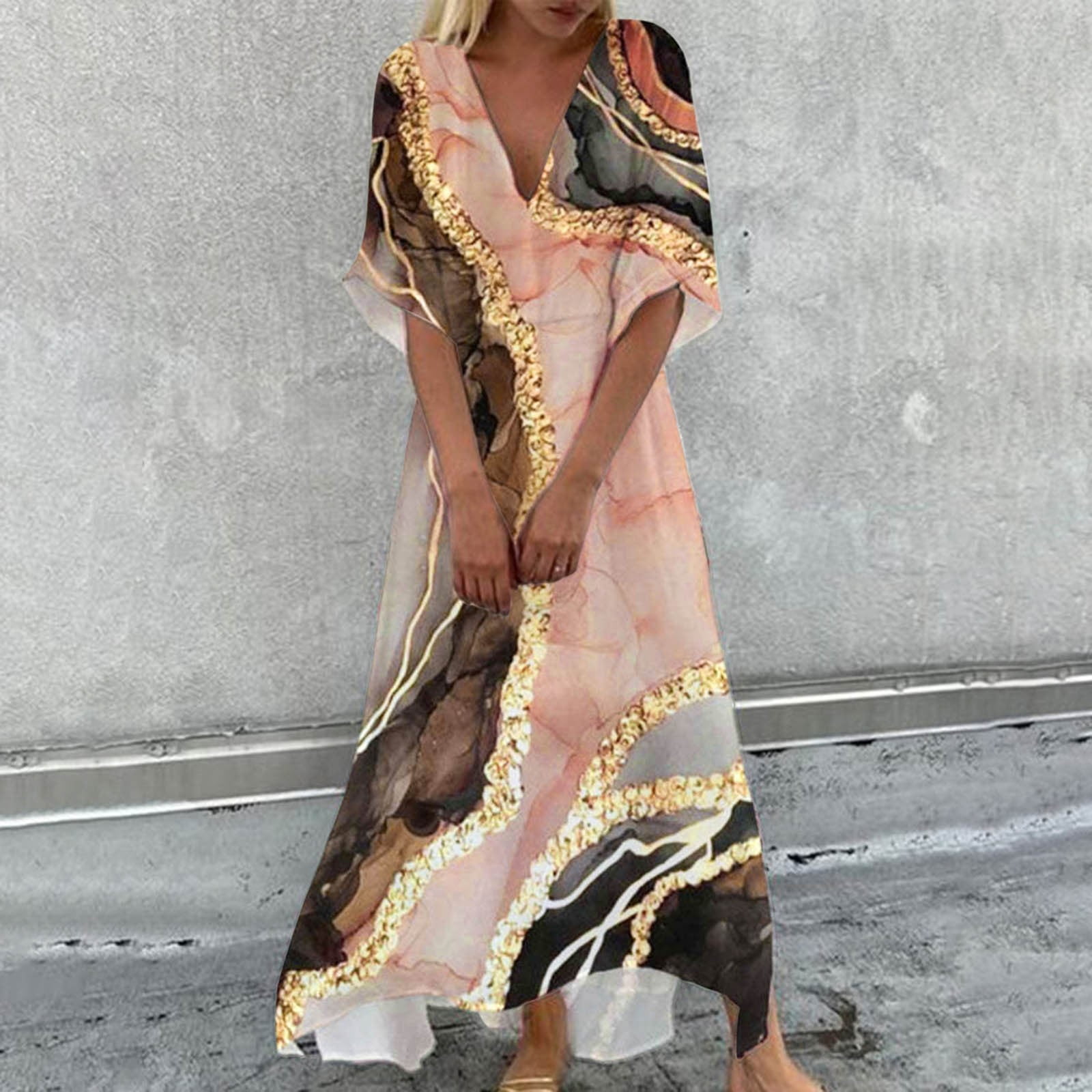 Jamsmile Womens Dress Summer Marble Floral Print Maxi Dresses Casual Half Sleeve Flowy Boho Holiday Long Tunic Sundress