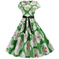 thumbnail image 3 of Pompotops Robe Vintage de Soirée à Manches Courtes Col Rond avec Bandage et Fermeture Éclair pour Femmes, Imprimé Rétro de Noël, 3 of 5