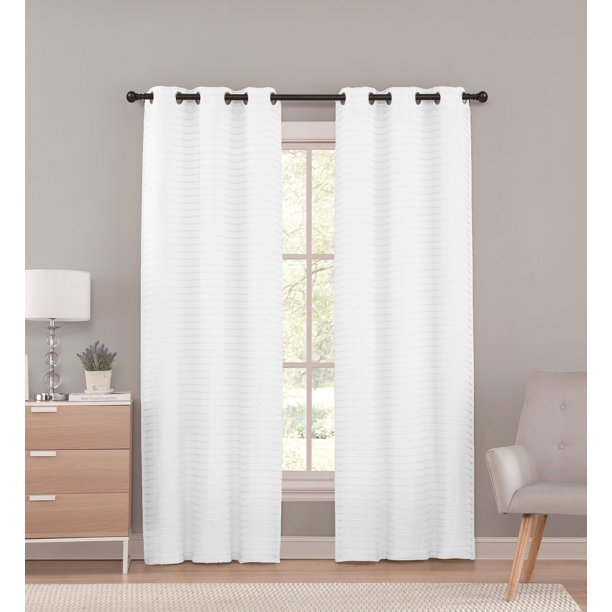 Pure White Sheer Grommet Window Curtain Panel Pair with Pleated Stripe