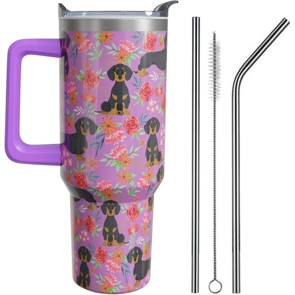 Dachshund Gifts for Women Dog Lovers 40 oz Floral Weiner Dog Tumblers with Handle and Straw, Stainless Steel Vacuum Insulated Travel Coffee Mug Cup Water Bottle