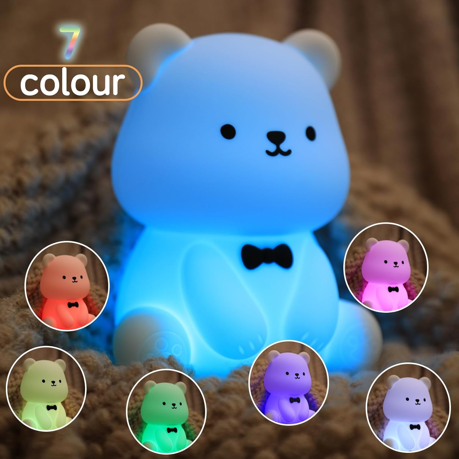 CATPAN Cute Bear Night Light, Kids Night Light for Boys Girls Bedroom USB Rechargeable Silicone Animal Light, Baby Nursery Beside Lamp, Bear Gifts