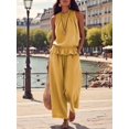 thumbnail image 4 of Women'S Linen 2 Piece Outfits Sleeveless Ruffle Top Wide Leg Pants Summer Loungewear Beach Sets Yellow M, 4 of 8