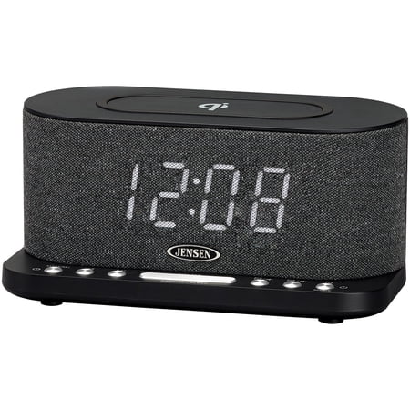 JENSEN FM Digital Dual Alarm Clock Radio with Large Display, Wireless Qi and USB Charging, Aux
