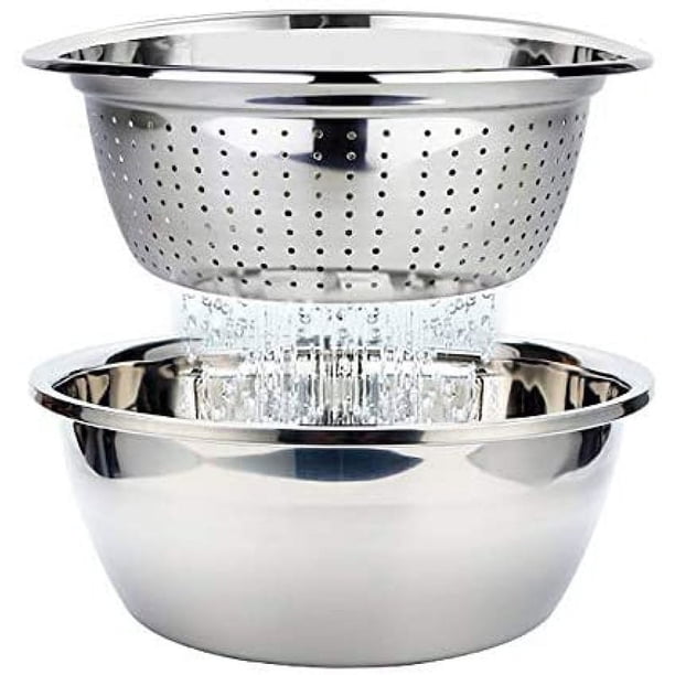 Juego de colador y cuenco de acero inoxidable, colador, colador de cocina, colador de pasta, cuenco para lavar arroz, colador para ensalada, juego de cuencos, juego de ensaladeras apilables, 26 cm