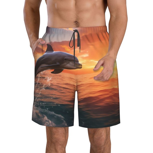 Balery Sunset Dancing Dolphin B Traje de Baño Estilo Hawaiano para Hombre, Shorts de Secado Rápido con Bolsillos-Small