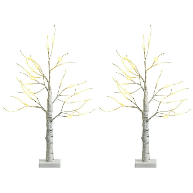 Gymax 2PCS 2 FT Pre-lit White Birch Tree Artificial Twig Birch Tree Christmas Decoration