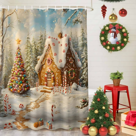 Shower Curtain Bathroom Set Christmas Tree Candy Canes House Xmas Balls Waterproof Fabric Shower Curtains with Grommets&Hooks Winter Snow Scene Privacy Bath Curtain for Bathtub 36x72in