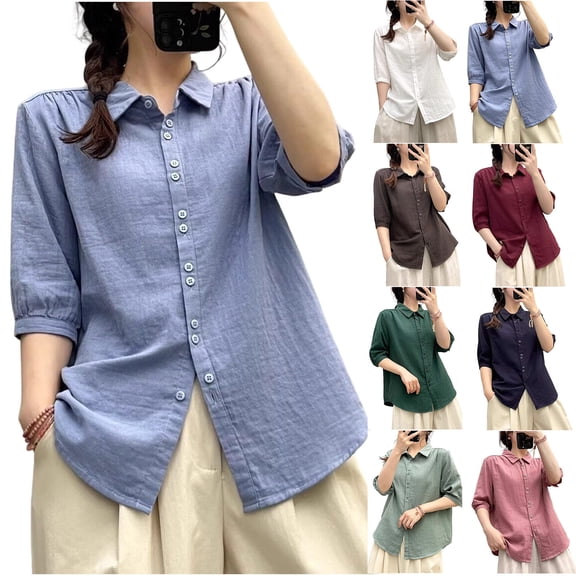 Womens Button Down Shirts Collar V Neck Half Sleeve Dress Shirts Casual Solid Color Summer Tops Work Blouses White