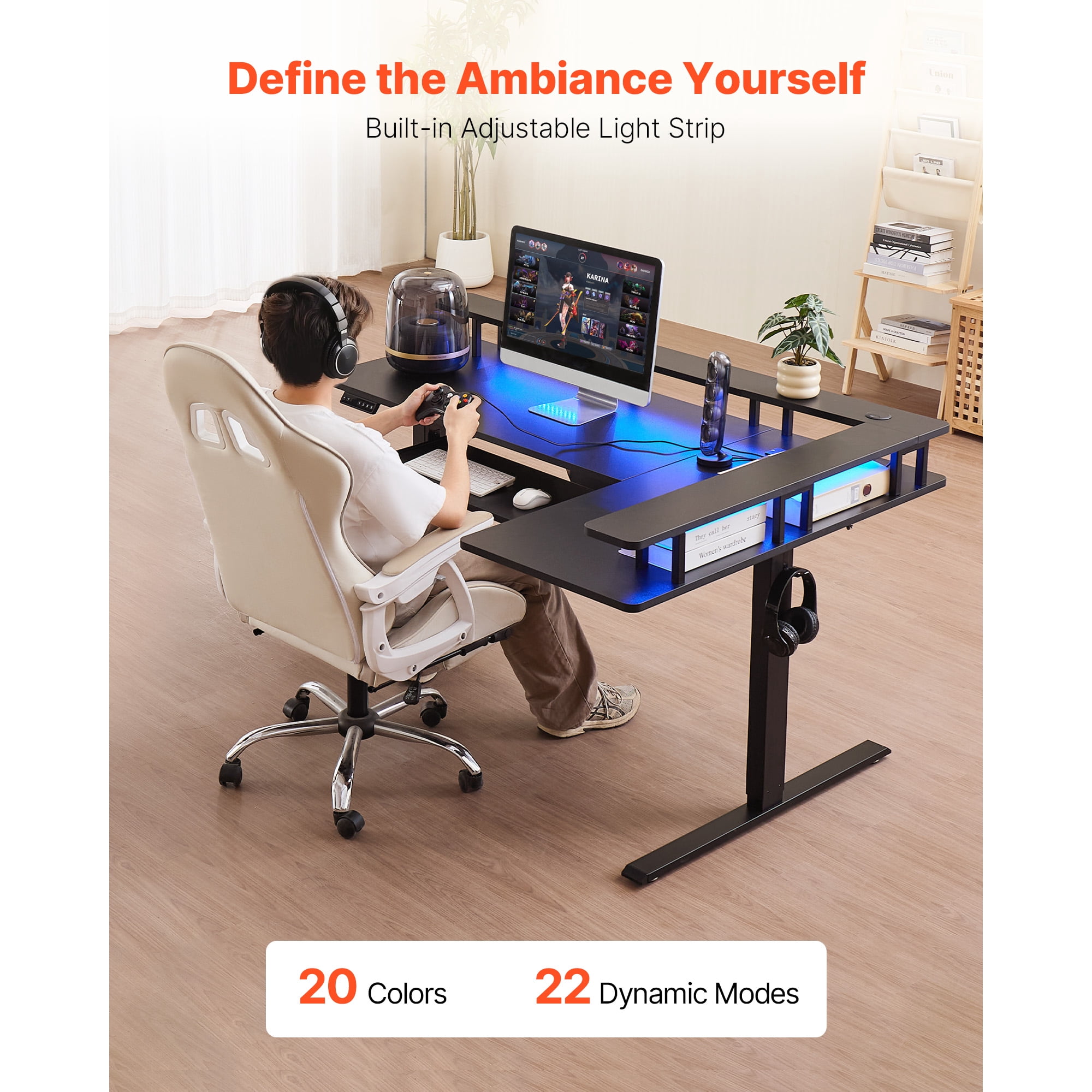 KFFKFF L-Shaped Electric Height Adjustable Desk, Corner Gaming Desk with Keyboard Tray and Dual Hooks, Sturdy Computer Table with LED Light Strip for Home Office, Simple Assembly, Black