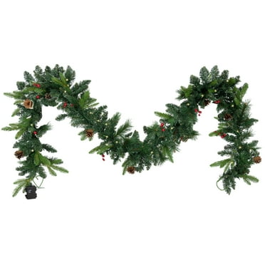 Sunnydaze 9' Green Pre-Lit Artificial Christmas Garland with Pinecones and Holly Berries - 70 LED Lights with Battery Timer