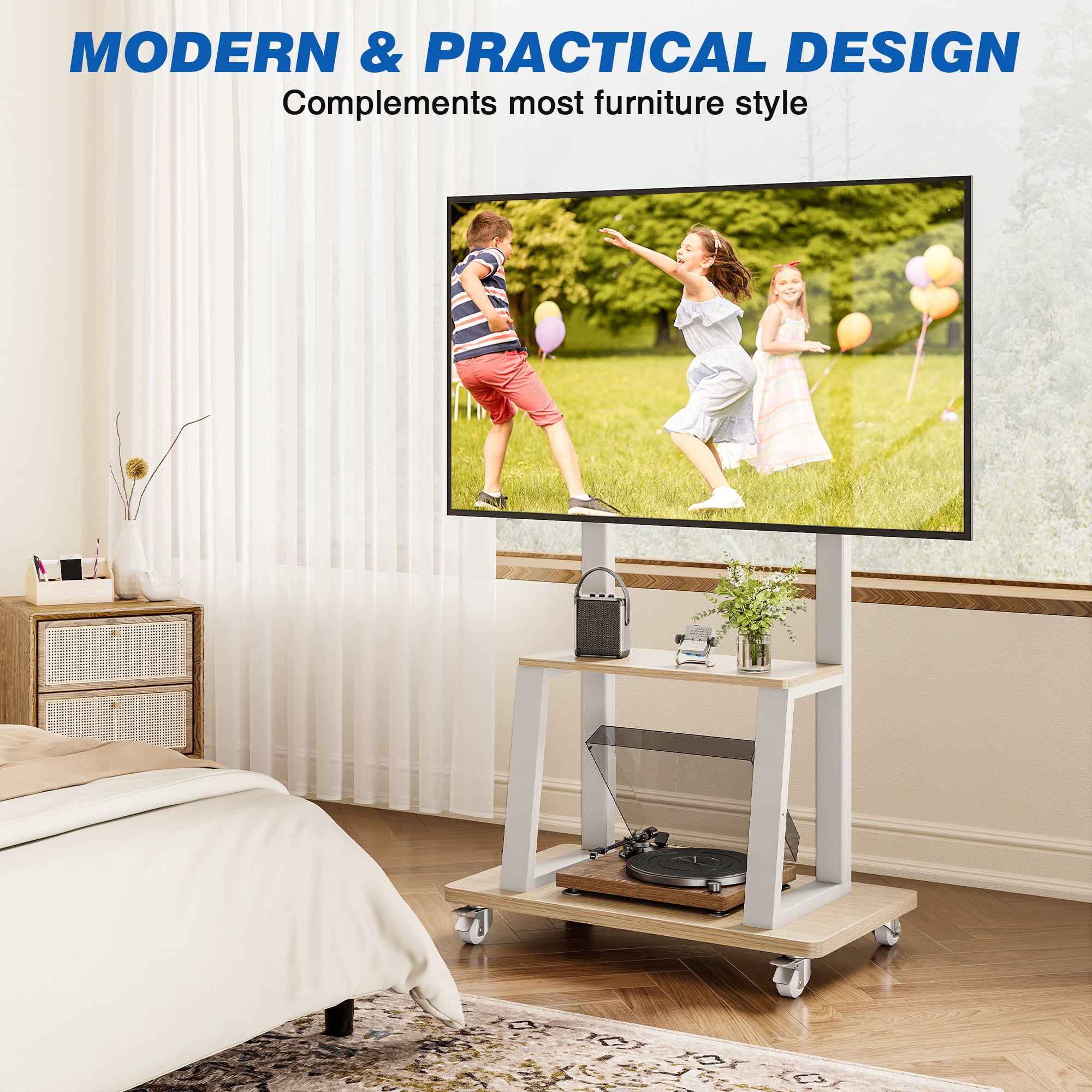RTVR Rolling TV Stand on Wheels for 37-75 inch Screens with Storage Shelves, Portable Mobile TV Cart Height Adjustable Mount Max 150 lbs, White