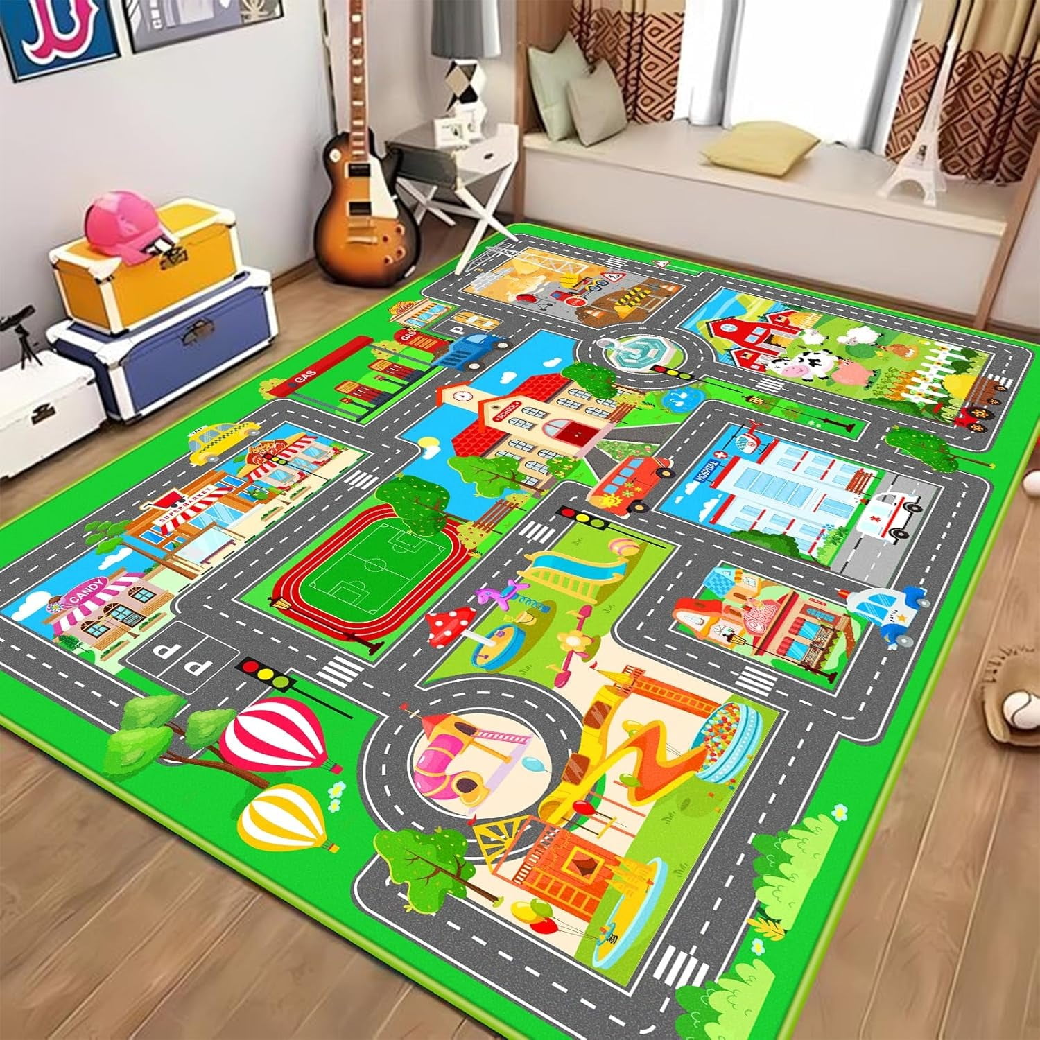 Kids Car Playmat, Kids Rug for Playroom Car Mat Town City Road Traffic Rugs, Play Mat for Floor, Extra Large Boys Kid Car Track Play Rug ( 78.7X 59 INCH)