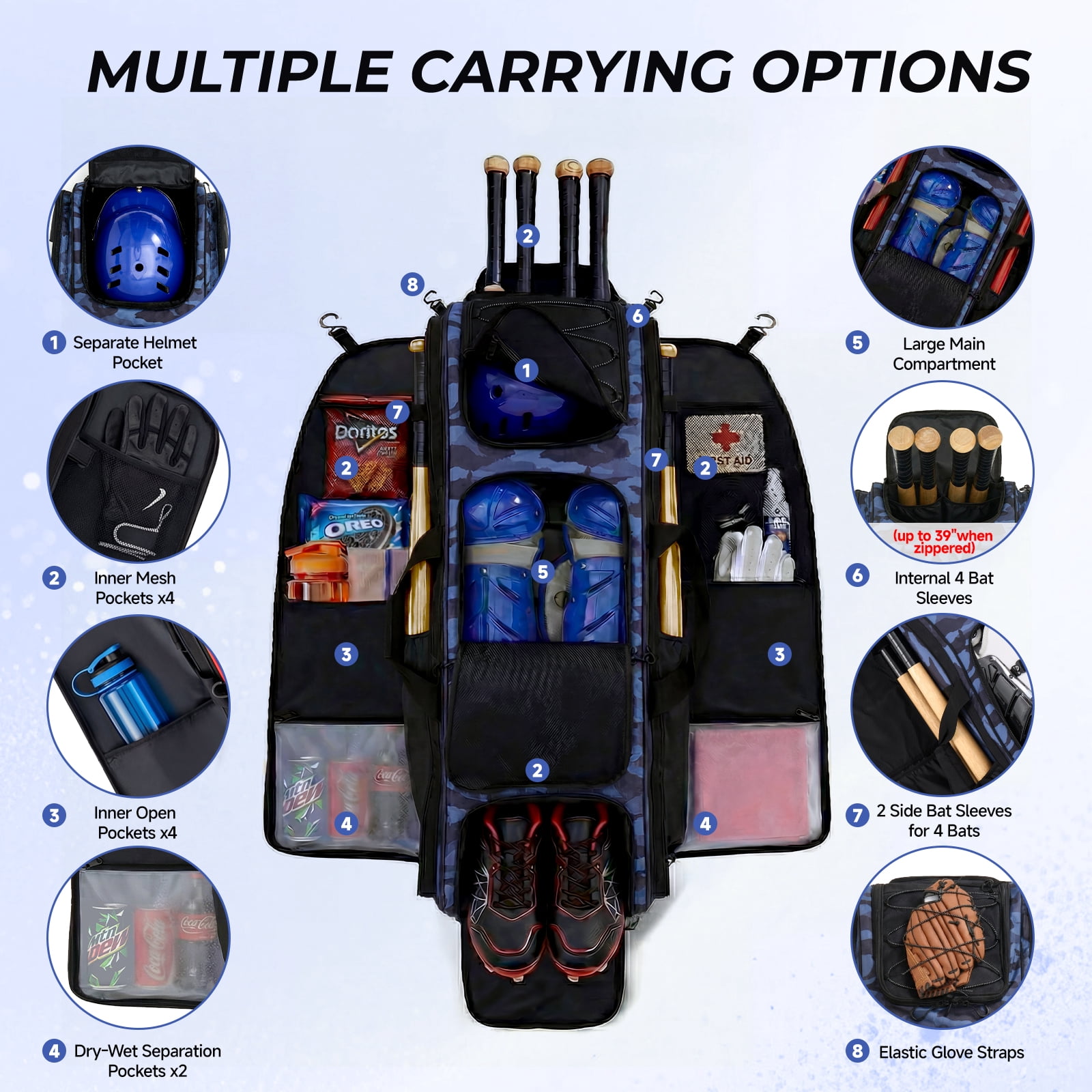 Fegat Rolling Baseball Bag, 100L Large Catcher Gear Bag Softball Bags with Wheels, Youth Equipment Bag Holds 8 Bats, Full Set, with Fence Hooks, Reflective Strip, Shoe Compartment