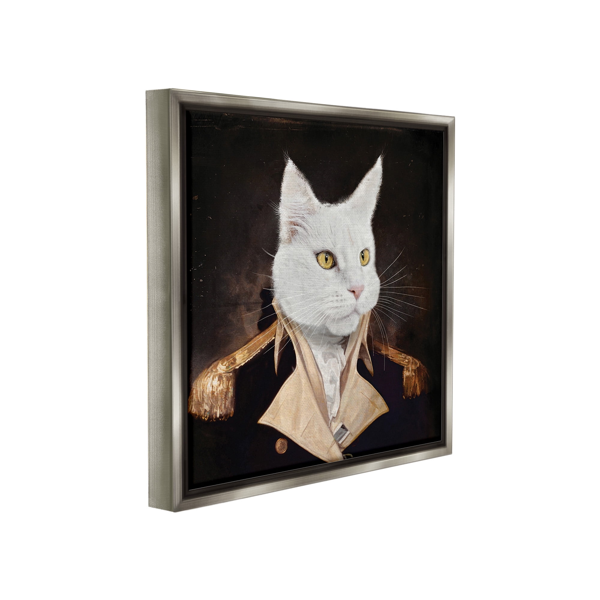 Stupell Industries White Cat in Uniform Animals & Insects Painting Gray Floater Framed Canvas Art Print Wall Art, 18 x 18