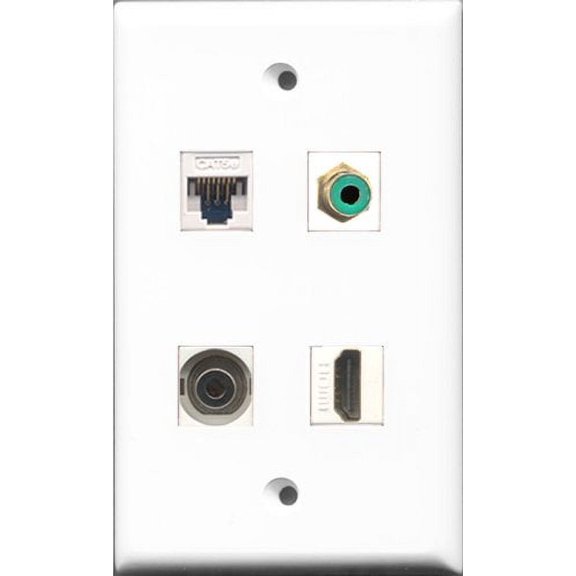 RiteAV 1 Port HDMI and 1 Port RCA Green and 1 Port 3.5mm and 1 Port Cat5e Ethernet White Wall Plate