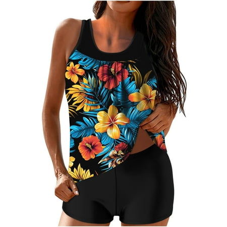ZQGJB Tankini Swimsuits for Women Two Piece Bathing Suits Mesh Patchwork Scoop Neck Blouson Tank Top with Boyshorts Tummy Control Modest Swimsuits(Multicolor#13 XL)