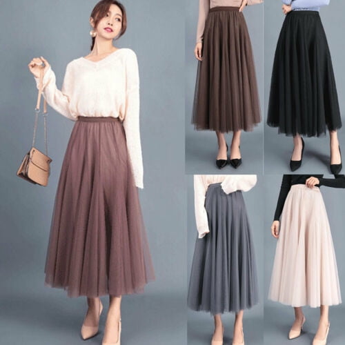 Women High Waist Pleated Tulle Tutu Dress Lady Evening Beach Long Maxi ...