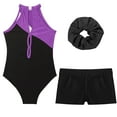 thumbnail image 5 of Sinleey Kids Girls Sleeveless Gymnastics Leotard Ballet Dance Athletic Unitard with Shorts Hair Band Purple&Black 12, 5 of 6