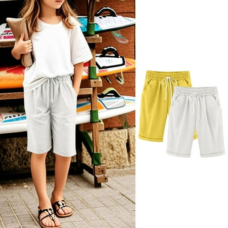 Maqroz 2 Pack Girls Bermuda Shorts Elastic Waist Casual Summer Linen Shorts with Side Pockets Solid Color Loose Fit Capri Pants 3-13 Years