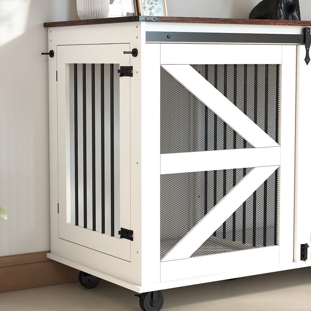 Brown white 47.2" Mobile Dog Crate with Flip-Top Feeding Door, Dual-Access & 5 Caster System (2 Locking), Side Hooks - Multi-Functional Pet Kennel,double dog crate furniture