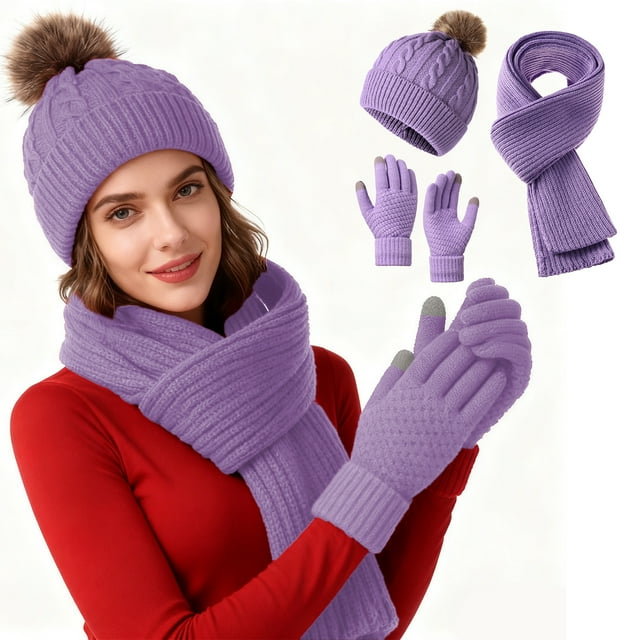 Solid Color Knitted Hat Three-piece Set For Winter Warm And Cold-proof Thick Outdoor Wool Hat Scarf Gloves Set