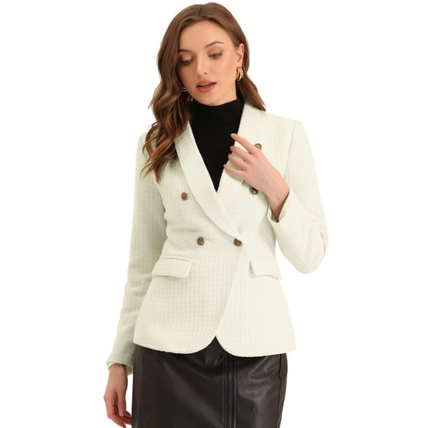 Blazer de Tweed a Cuadros Vintage para Mujer con Cuello de Solapa y Doble Pecho para Trabajo y Oficina Beige S