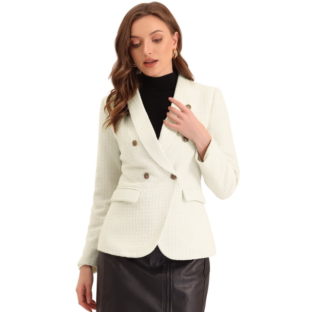 Blazer de Tweed a Cuadros Vintage para Mujer con Cuello de Solapa y Doble Pecho para Trabajo y Oficina Beige S