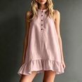 thumbnail image 2 of Women's Sleeveless Button up Mini Dress Stand Collar Ruffle Hem Loose Tank Dress, Solid Casual Swing Dress for Daily & Beach Outfits Pink, 2 of 6